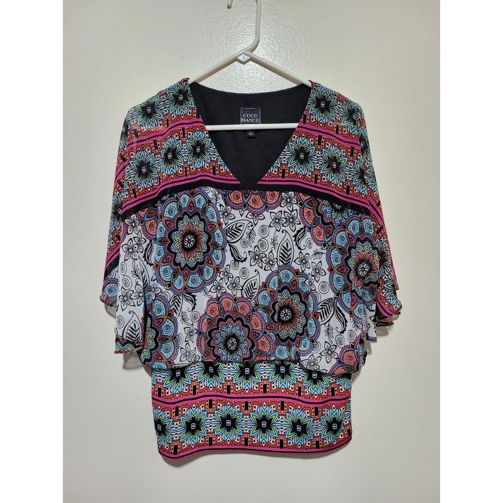 Coco Bianco Blouse Womens S Multicolor Mandala Boho Flutter Sleeve Top